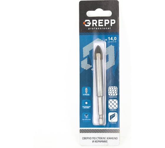 Изображение товара Сверло по кафелю и стеклу копьевидное 14 мм, 4 резца, шестигранный хвостовик GREPP 402-0014