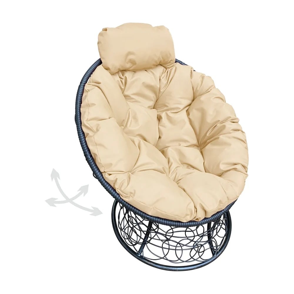 Изображение товара Кресло M-GROUP ПАПАСАН пружинка мини с ротангом черное бежевое мягкая подушка