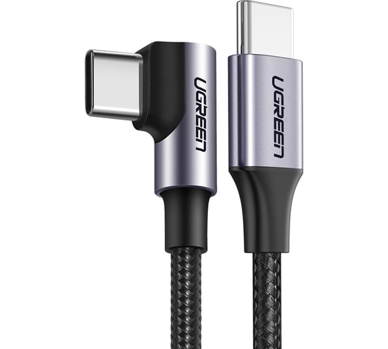Изображение товара Кабель Ugreen угловой us255 usb-c 2.0 male to angled 90 usb-c 2.0 male 3a data cable, длина: 1м. цвет: серо-черный 50123_