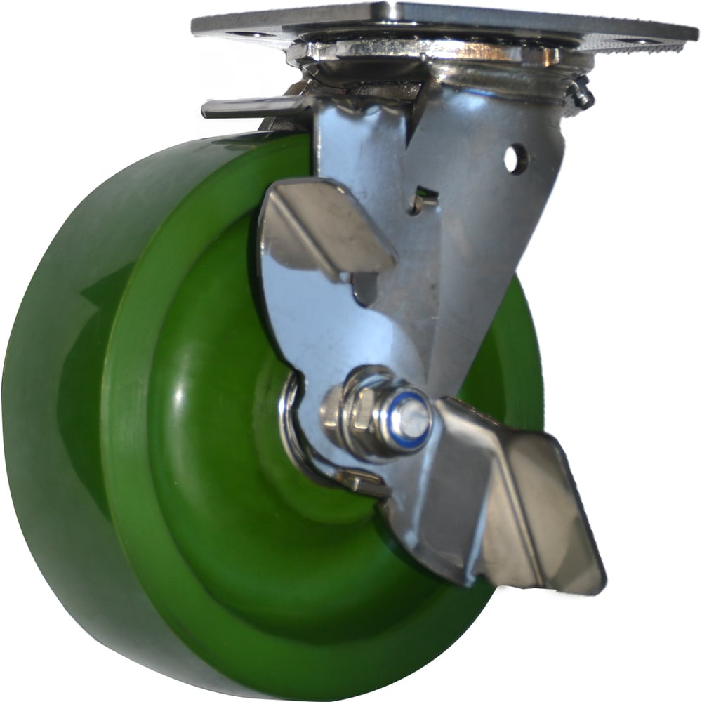 Изображение товара Колесо б/г нержавейка зеленый полиуретан поворотное с тормозом боковым 100 мм, 300 кг SS6640-01-SPU-TLB MFK-TORG SPU-TLB-6644100