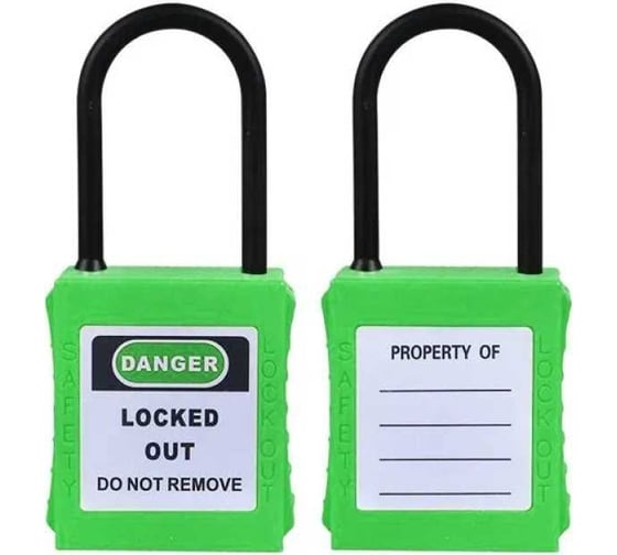 Изображение товара Блокировочный замок Точка Безопасности с тонкой нейлоновой дужкой, дисковый цилиндр, высота дужки – 38 мм, диаметр дужки – 4 мм, нейлоновый корпус, размеры корпуса – 45x38x20 мм, цвет – зеленый, 1 шт/упак gwr005DN38GRN