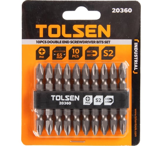 Изображение товара Набор вставок бит торцевых двухсторонних 1/4", PH2хPH2, 65 мм, 10 предметов TOLSEN 20360