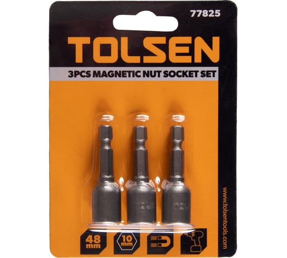Изображение товара Набор головок шестигранных магнитных для шуруповерта 10х48 мм, 1/4", 3 предмета TOLSEN 77825