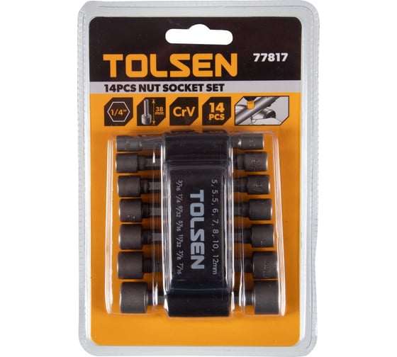 Изображение товара Набор головок шестигранных для шуруповерта 5-12 мм, 3/16"-7/16", 1/4", 14 предметов TOLSEN 77817