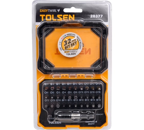 Изображение товара Набор вставок бит 1/4", PH, PZ, Hex, Torx, Slotted, TorxTR, Square, 32 предмета TOLSEN 20377