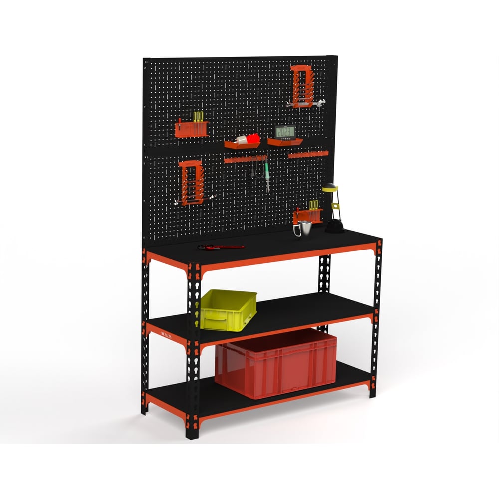 Изображение товара Стол-верстак ООО Металекс 950x1800x600 мм с полками и перфопанелью оранжево-черный