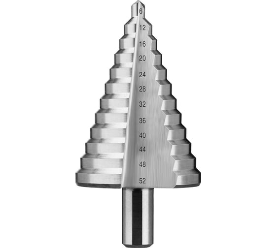 Изображение товара Ступенчатое сверло по металлу ЗУБР Профессионал 6-52 мм, 12 ступеней, сталь Р6М5 29670-6-52