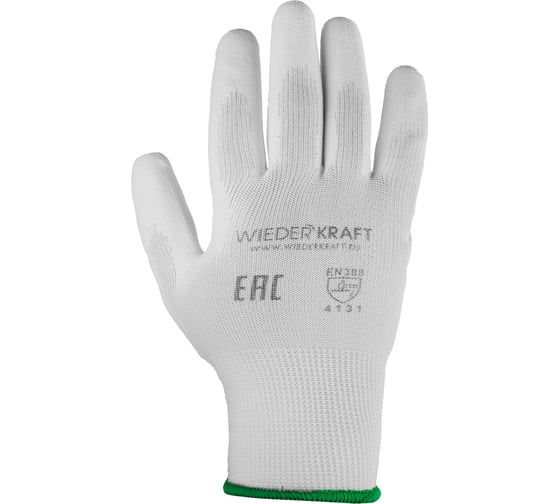 Изображение товара Белые лёгкие бесшовные защитные перчатки эргономичной формы из нейлона WIEDERKRAFT WDK-PU01W / M