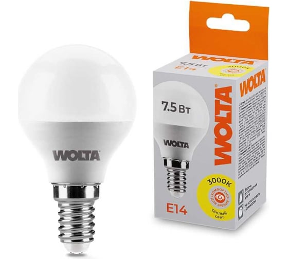Изображение товара Светодиодная лампа Wolta ШАР LED 7.5Вт, 3000K Теплый свет, цоколь E14, 625 лм 25Y45GL7.5E14
