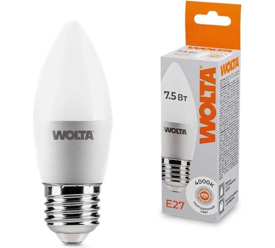 Изображение товара Светодиодная лампа Wolta LED Свеча, 7.5Вт, 4000K Дневной белый свет, C37, E27 25SC7.5E27
