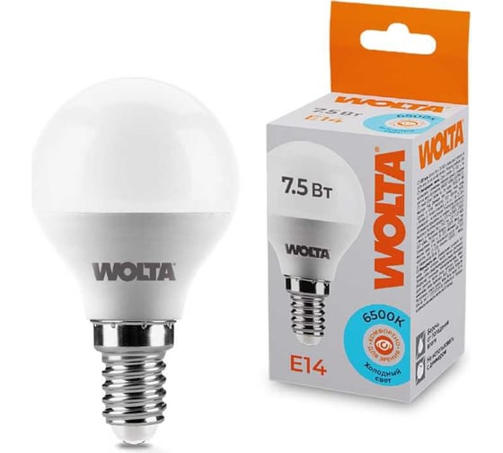 Изображение товара Светодиодная лампа Wolta LED Шар, GL, 7.5Вт, 6500K Холодный белый свет, G45, E14 25W45GL7.5E14