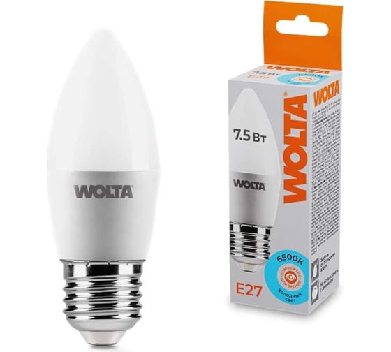 Изображение товара Светодиодная лампа Wolta LED Свеча, колба С, 7.5Вт, 6500K Холодный белый свет, C37, E27 25WC7.5E27