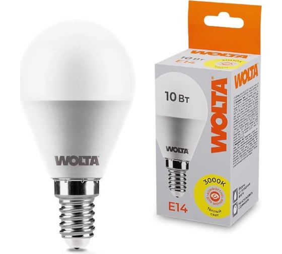Изображение товара Светодиодная лампа Wolta LED Шар, GL, 10Вт, 3000K Теплый белый свет, G45, E14 25Y45GL10E14