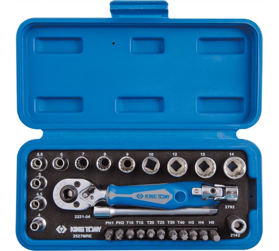 Изображение товара Набор торцевых головок с принадлежностями 1/4", двенадцатигранные, 4-14 мм, 27 предметов KING TONY 2027MRE