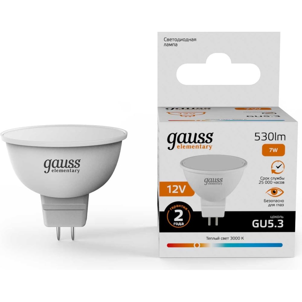 Изображение товара Лампа Gauss Elementary MR16 12V 7W 530lm 3000K GU5.3 11517