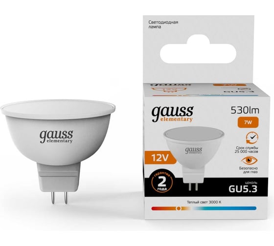 Изображение товара Лампа Gauss Elementary MR16 12V 7W 530lm 3000K GU5.3 11517