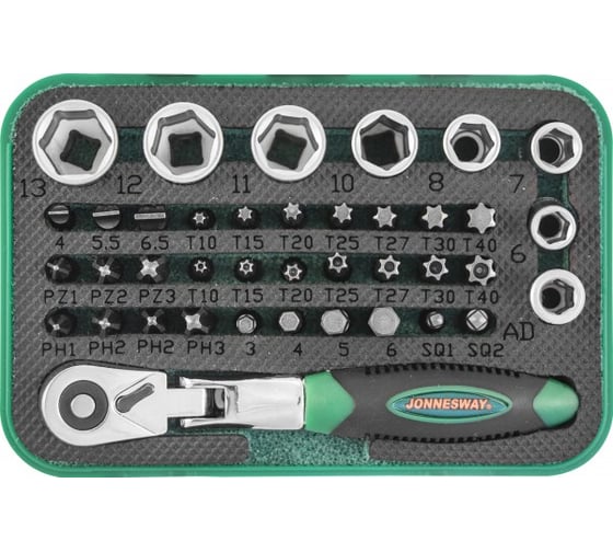 Изображение товара Набор торцевых головок, вставок-бит с трещоточной рукояткой (1/4"; 40 предметов) Jonnesway RD02040S 49305