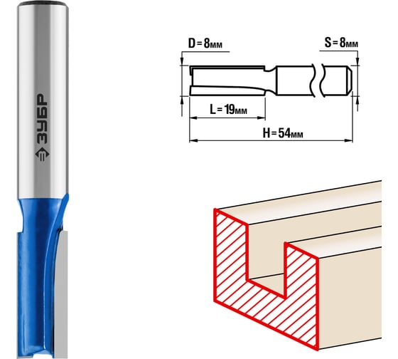Изображение товара Пазовая прямая фреза ЗУБР Профессионал 8x19 мм, хвостовик 8 мм 28753-8-19