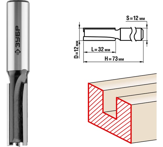 Изображение товара Пазовая прямая фреза ЗУБР Профессионал 12x32 мм 28780-12-32-12