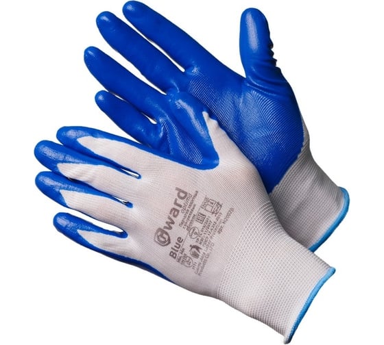 Изображение товара Нейлоновые перчатки Gward Blue белые с синим, нитриловое покрытие, р. XL, 12 пар N2002B/XL