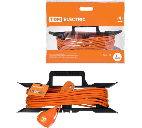 Изображение товара Удлинитель-шнур силовой на рамке TDM ELECTRIC УШз16 штепсельное гнездо, 40 м, ПВС 3x1,0 SQ1302-0334