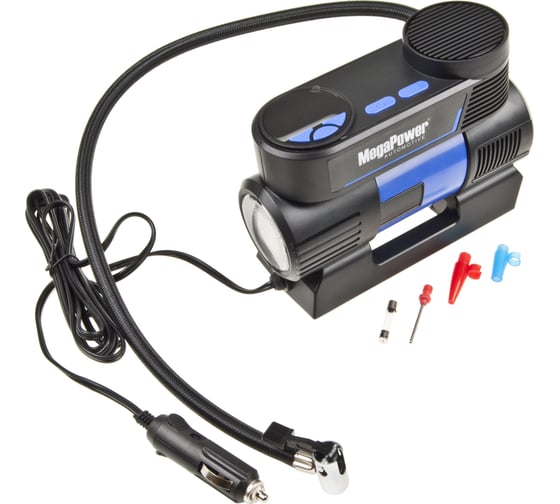 Изображение товара Поршневой компрессор MEGAPOWER 150PSI 20 л/мин, цифровой манометр, автоматический фиксатор давления, 12A, 12V, с LED-фонарём M-53017