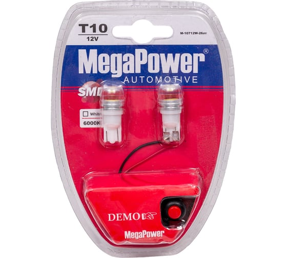 Изображение товара Автолампа T10W W2,1x9,5d 1 SMD 7080 WHITE 6000K 80лм 12V 10 100 10712 Megapower M-10712W-2блт