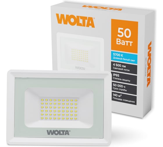 Изображение товара Светодиодный прожектор Wolta 5700K, 50Вт светодиоды SMD, IP65, белый WFL-50W/06W