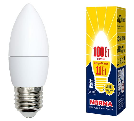 Изображение товара Светодиодная лампа Volpe LED-C37-11W/WW/E27/FR/NR. Форма свеча, матовая. UL-00003815