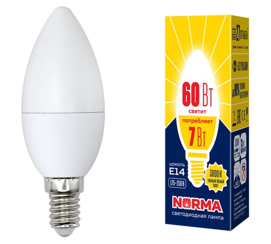 Изображение товара Светодиодная лампа Volpe LED-C37-7W/WW/E14/FR/NR. Форма свеча, матовая. UL-00003796