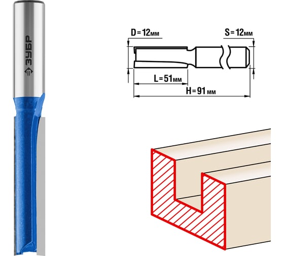 Изображение товара Пазовая прямая удлиненная фреза ЗУБР Профессионал 12х51 мм, хвостовик 12 мм 28754-12-51