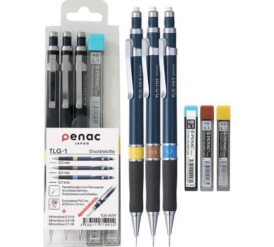 Изображение товара Набор Penac карандаши механические tlg (0,3/0,5/0,7 мм) и грифели (0,3/0,5/0,7 мм) TLG-357M