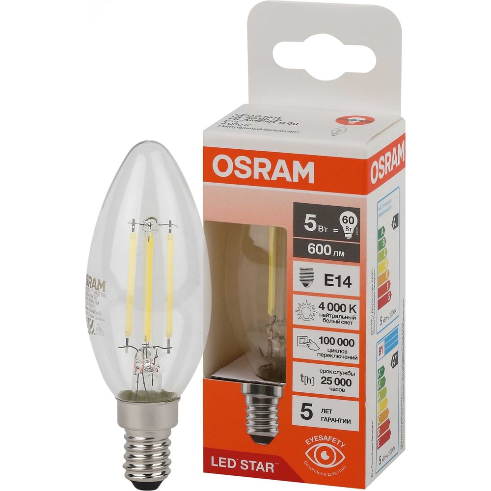 Изображение товара Филаментная светодиодная лампа Osram LS CLB60 5W/840 230VFILCL E14 10x1 4058075684782