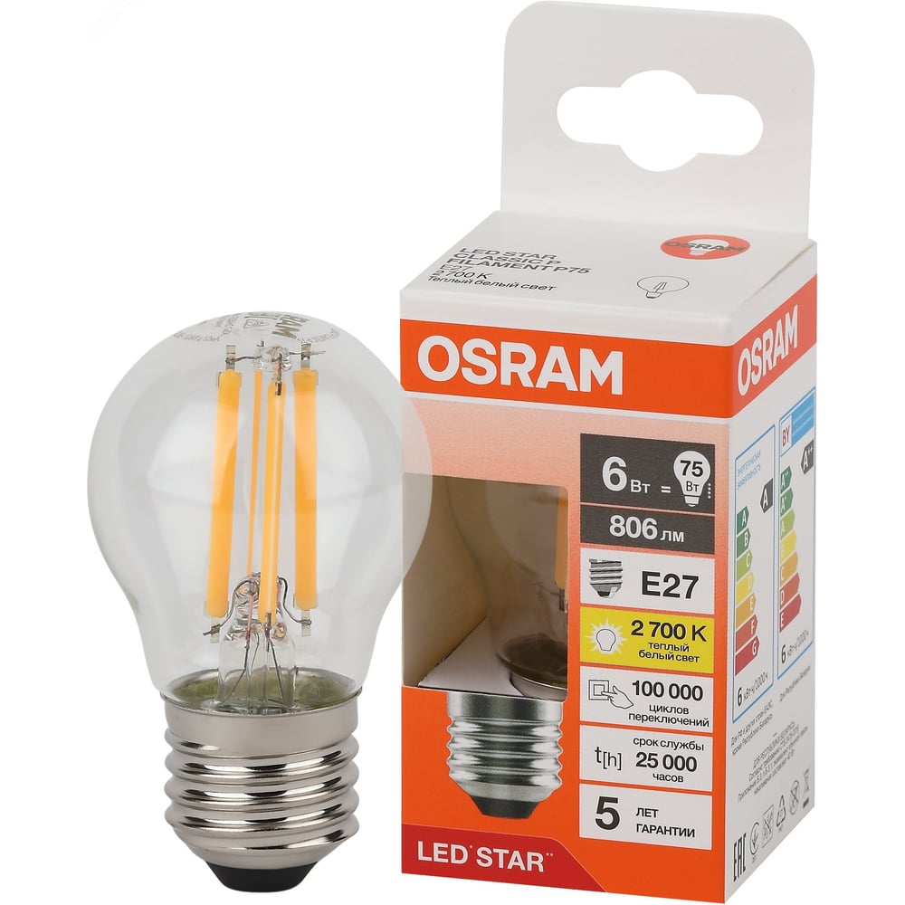 Изображение товара Филаментная светодиодная лампа Osram LS CLP75 6W/827 230V FIL CL E27 10x1 4058075684720