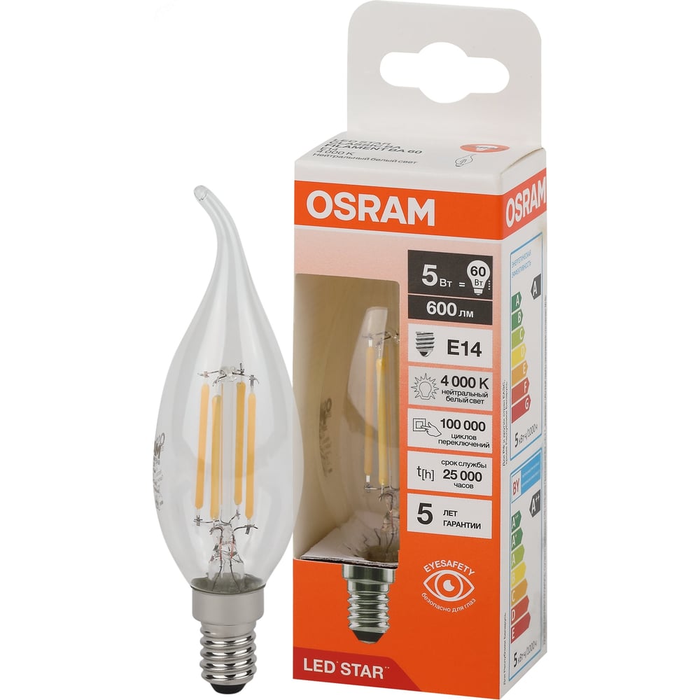 Изображение товара Филаментная светодиодная лампа Osram LS CLBA60 5W/840 230V FIL CL E14 10x1 4058075684966 Изображение товара Филаментная светодиодная лампа Osram LS CLBA60 5W/840 230V FIL CL E14 10x1 4058075684966