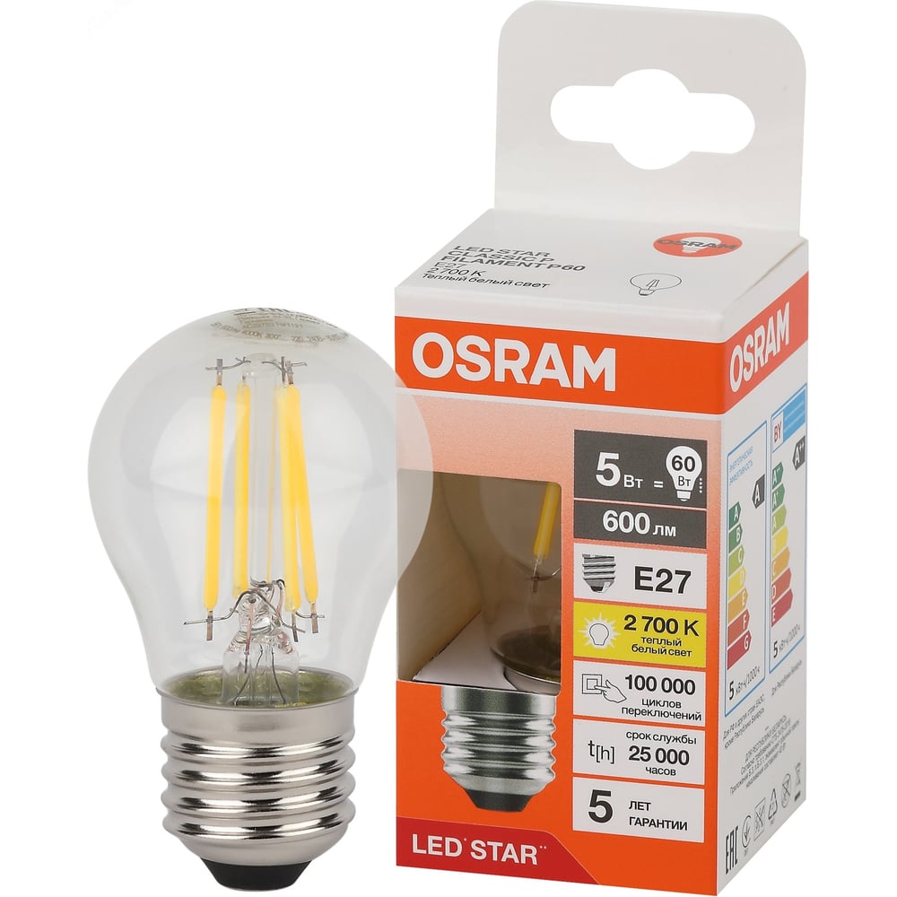 Изображение товара Филаментная светодиодная лампа Osram LS CLP60 5W/827 230V FIL CL E27 10x1 4058075684669