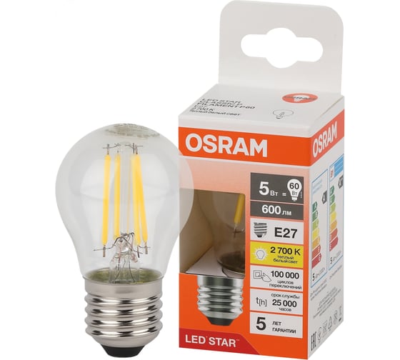 Изображение товара Филаментная светодиодная лампа Osram LS CLP60 5W/827 230V FIL CL E27 10x1 4058075684669