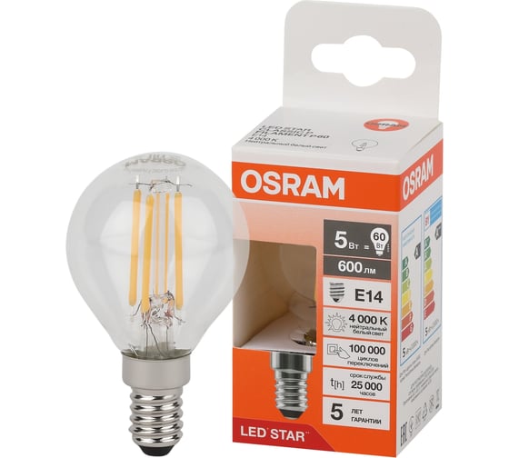 Изображение товара Филаментная светодиодная лампа Osram LS CLP60 5W/840 230V FIL CL E14 10x1 4058075684447