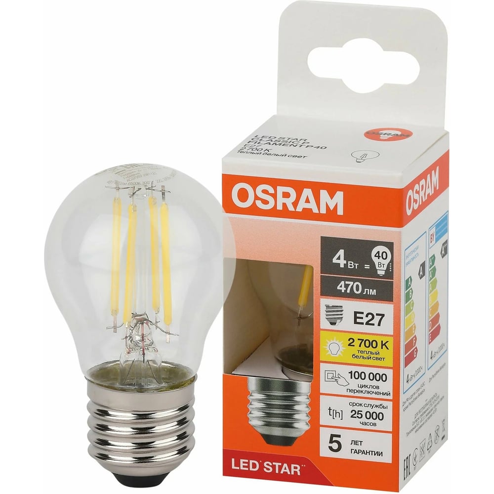 Изображение товара Филаментная светодиодная лампа Osram LS CLP40 4W/827 E27 теплый белый 2700K 470лм