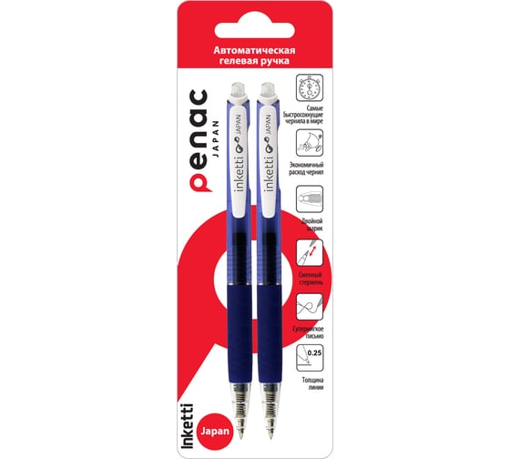 Изображение товара Гелевая автоматическая ручка Penac inketti 0.5 мм, синяя, 2 шт. в блистере BA3601-03EF/2B