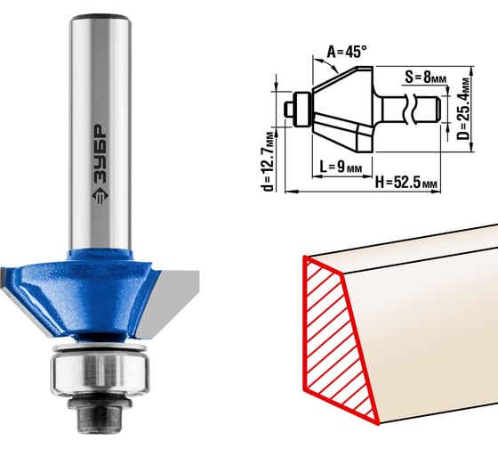 Изображение товара Кромочная калевочная фасочная фреза ЗУБР Профессионал №9, 25.4x8 мм 28711-25.4