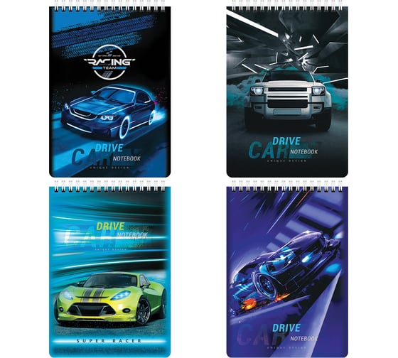 Изображение товара Блокнот А5 BRAUBERG 146x206 мм, 60 листов, гребень, картон, клетка, Kids, Racing 4 шт 114363