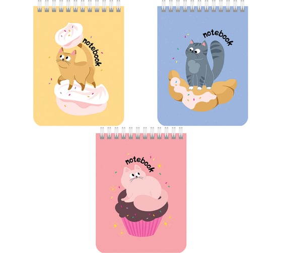 Изображение товара Блокнот Малый Формат 108x145 мм А6 BRAUBERG, 40 листов, гребень, картон, клетка, Kids, Котики 6 шт 114396