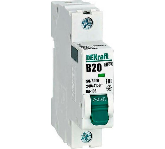 Изображение товара Автоматический выключатель (АВ) DEKraft ВА-103, 1 Р, 20 А, хар-ка B, 6 кА 12210DEK