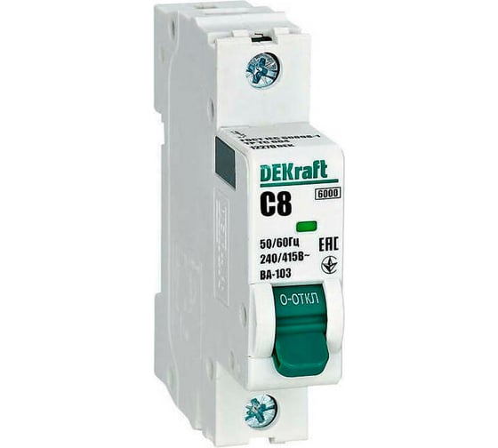 Изображение товара Автоматический выключатель DEKraft 1Р, 8А, характеристика C, 6кА, ВА-103 12270DEK