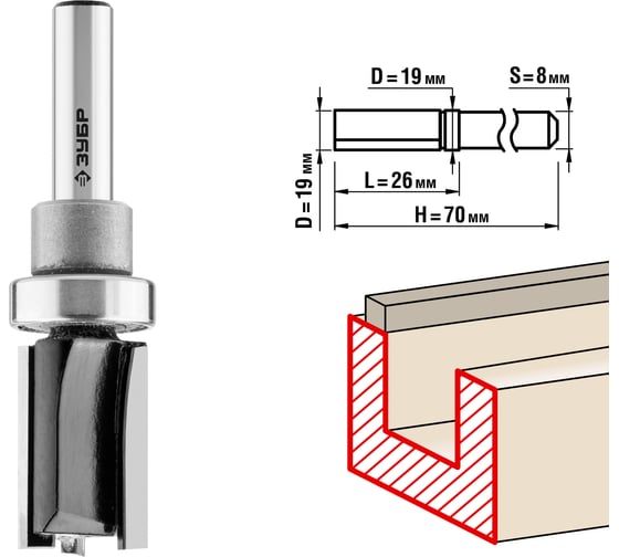 Изображение товара Пазовая прямая фреза с верхним подшипником ЗУБР Профессионал 19х26 мм 28781-19-26