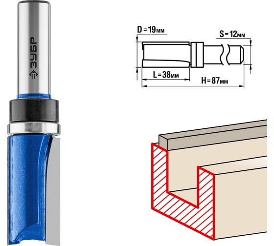 Изображение товара Пазовая прямая фреза с верхним подшипником ЗУБР Профессионал 19х38 мм 28756-19-38-12