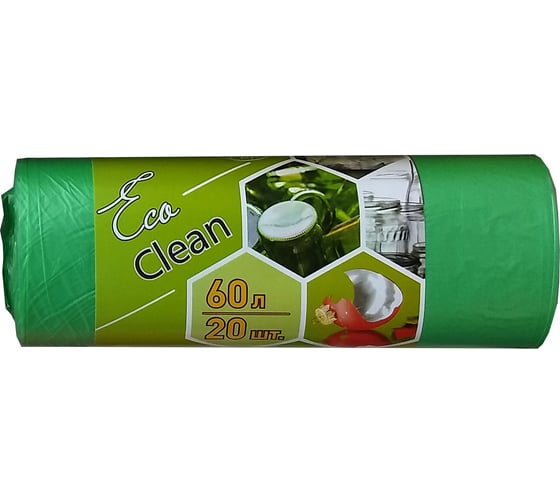 Изображение товара Мешки Ecoclean (60 л, 20 шт., ПНД, зеленый, 10 мкм, 58х68 см) Концепция Быта 3835