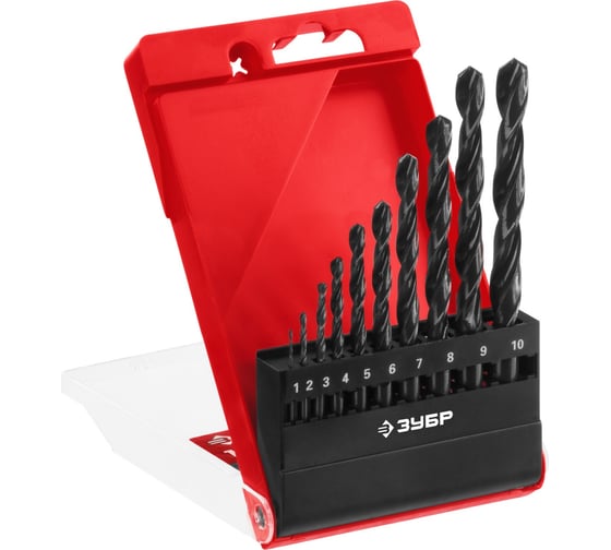 Изображение товара Набор сверл по металлу ЗУБР Мастер быстрорежущая сталь Р4М2, класс В, 10 шт, 1-10 мм 29605-H10