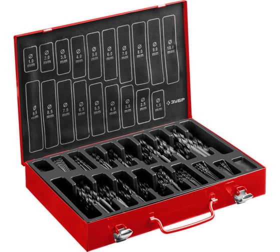 Изображение товара Набор сверл по металлу ЗУБР Мастер быстрорежущая сталь Р4М2, класс В, мет. бокс, 370 шт, 1-10 мм 29605-H370